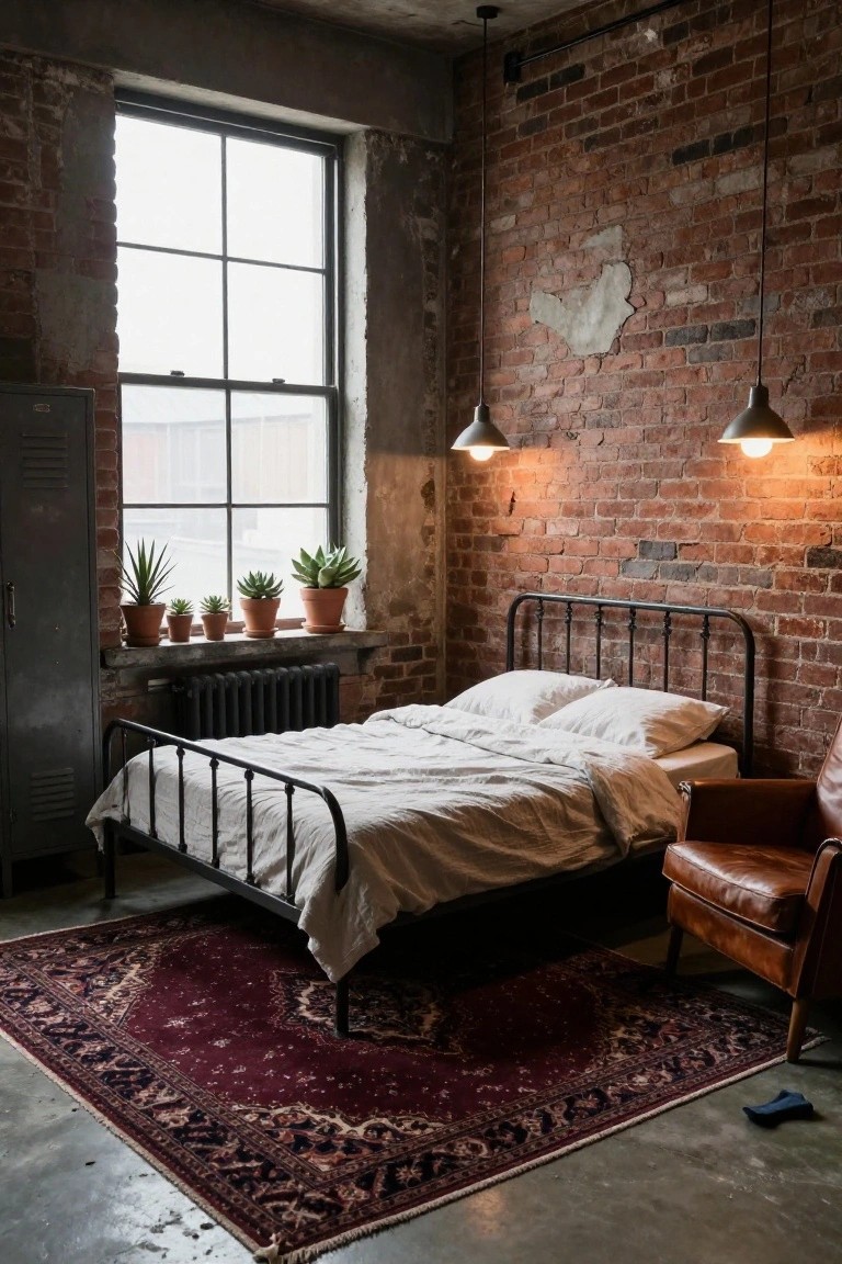 Industrial-style bedroom with exposed brick walls, large windows, black metal bed frame with white linens, potted succulents on windowsill, red patterned rug on concrete floor, leather armchair, and pendant lights.