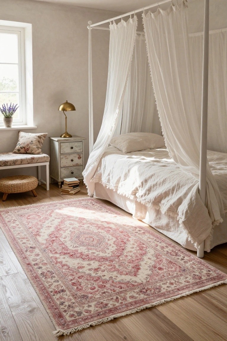 A bedroom interior with a white canopy bed on a large pink and cream Persian-style rug, antique white dresser, gold desk lamp, lavender plant in pot by window, floral bench, and woven stool on wood floor.