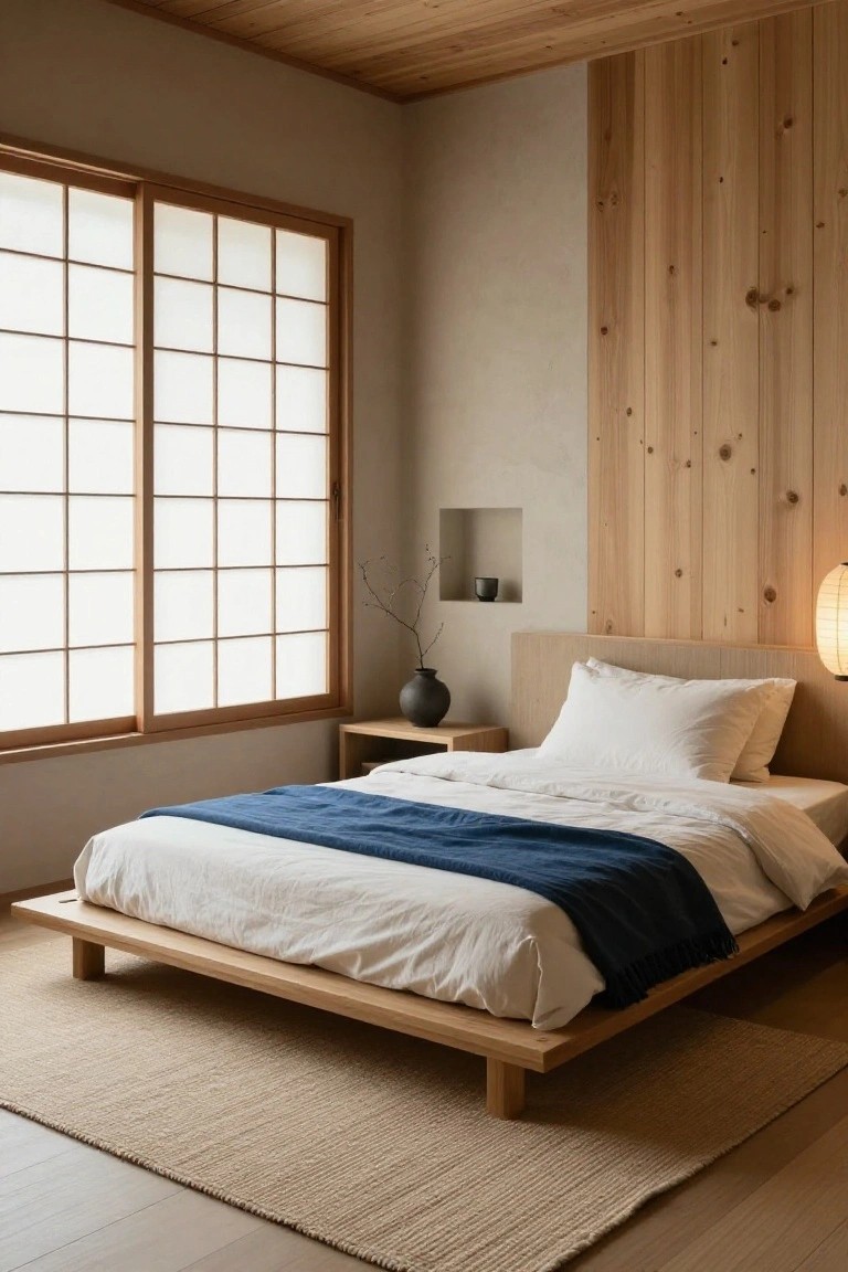 A minimalist bedroom with light wooden floors and walls, a low platform bed with white sheets and navy blanket, beige seagrass rug underneath, shoji windows, and wooden nightstand.