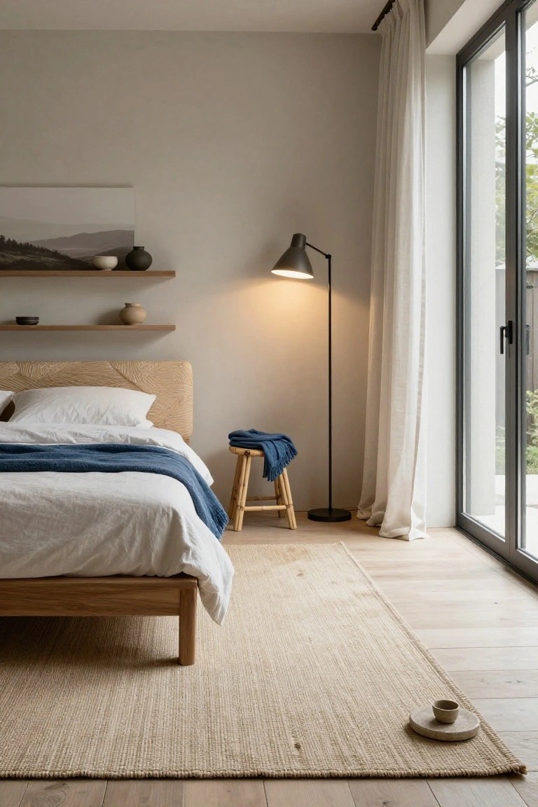 Bedroom with low wooden bed frame, white linens and blue throw blanket, beige seagrass rug on light oak floors, floating shelves holding ceramic pots, black floor lamp, wooden stool draped with blue cloth, and sliding glass doors with white curtains.