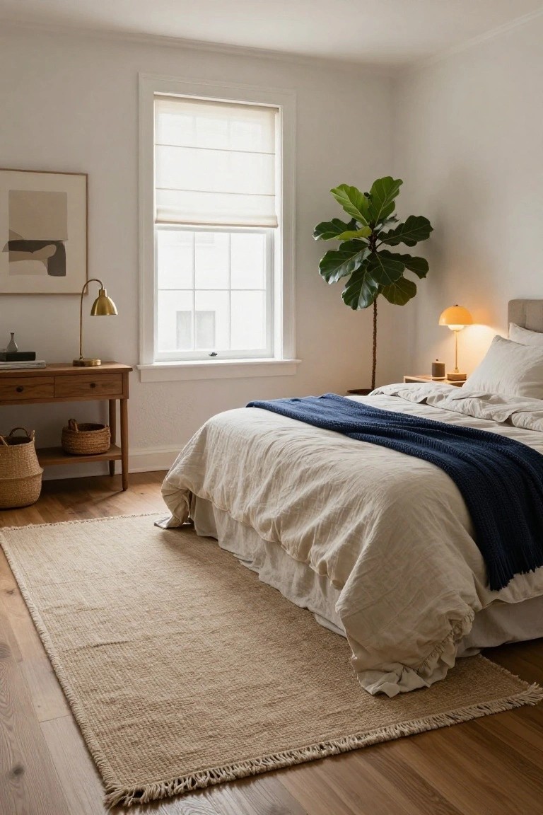 Bedroom with light wood floors covered partly by a large beige seagrass rug with fringed edges, a bed draped in white linens and navy throw, wooden desk with baskets and lamp, fiddle leaf fig plant, and two arched lamps.
