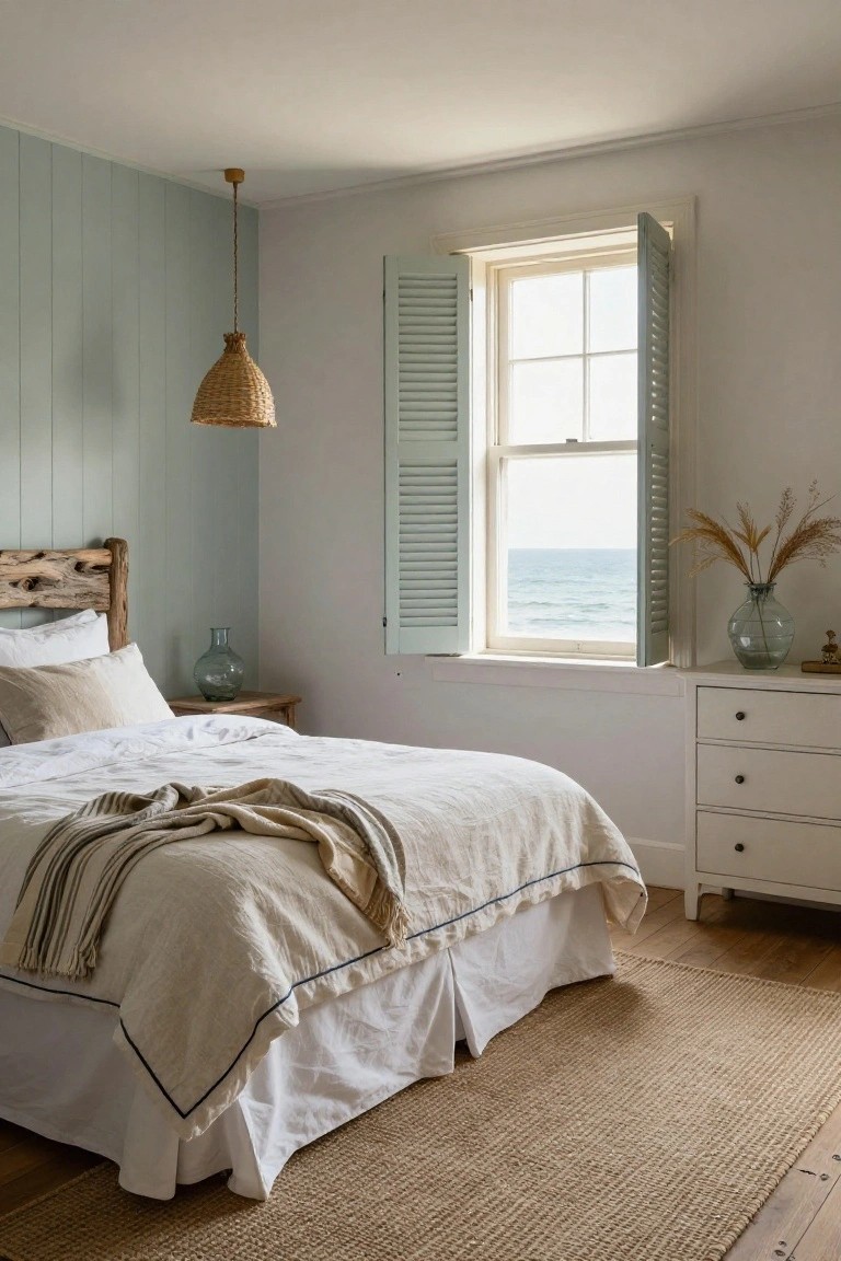 Cozy bedroom featuring a white bed with linen bedding and driftwood headboard, seagrass rug on wooden floor, glass vases on nightstand and dresser, open shutters on window with ocean view.