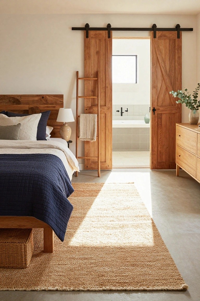 Bedroom interior showing a wooden bed with white and navy bedding on a beige seagrass rug, open wooden barn doors to a bathroom with white tub, wooden dresser, ladder towel rack, and concrete floor.