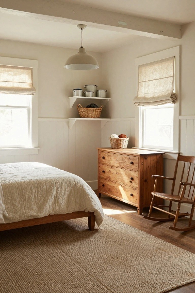 Cozy bedroom with low wooden platform bed covered in white quilt, wooden dresser, rocking chair, seagrass rug on hardwood floor, white beadboard walls, linen roman shades on windows, wicker baskets on shelves, and soft natural light.