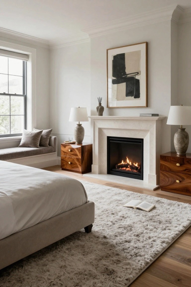 A bedroom with a large light shag rug under a white upholstered bed, wooden nightstands, a gas fireplace, and a window seat with gray pillows.