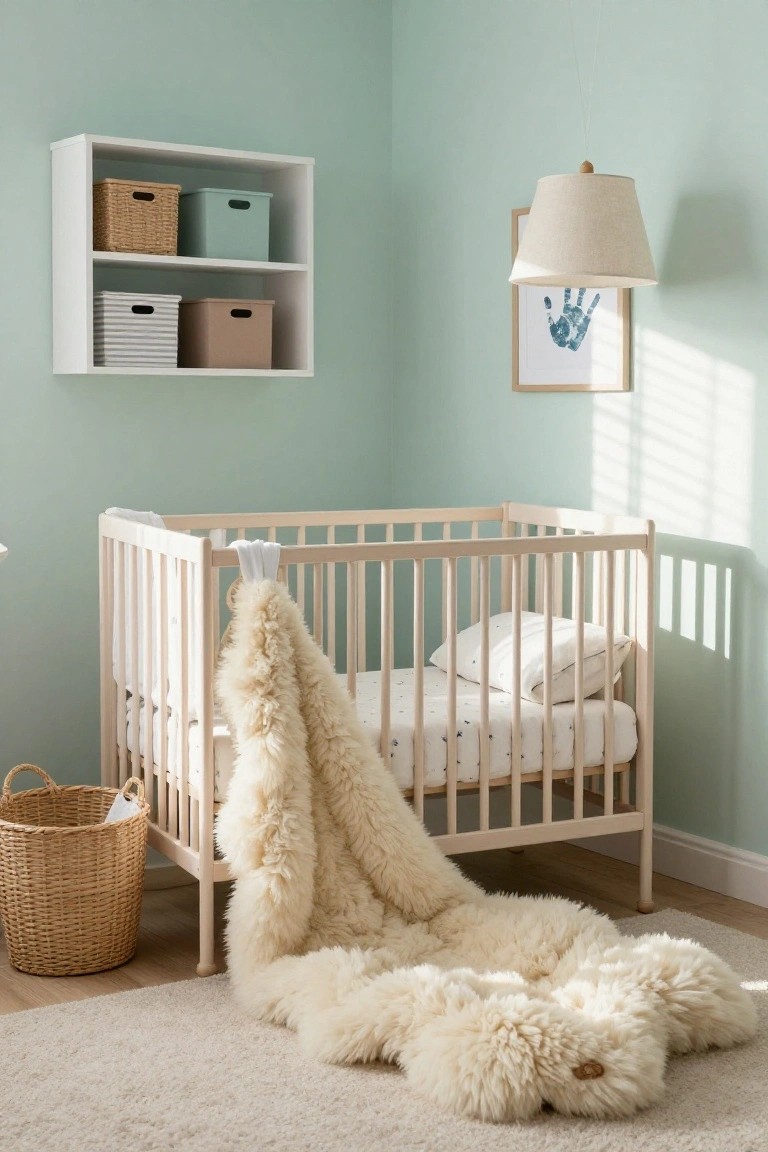 A nursery corner with mint green walls, a white wooden crib with white bedding and a draped blanket, a large fluffy white shag rug on the light floor, wall shelves holding baskets, a wicker basket with cloth, and a framed blue handprint artwork.