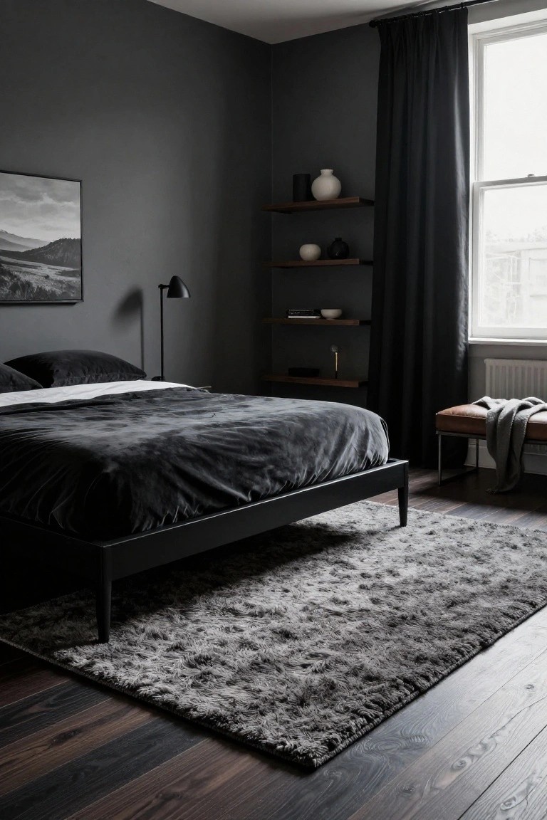 Moody gray bedroom with black velvet bed on large shaggy gray rug over dark wood floors, floating wood shelves with white ceramics, black arc lamp, leather bench, and black curtains over window.