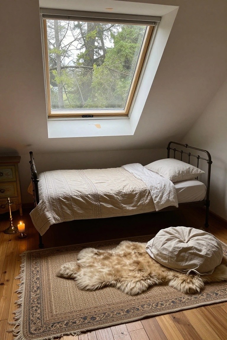 Attic bedroom with sloped white walls, skylight overlooking trees, black iron single bed with white quilted bedding, beige shaggy sheepskin rug on wood floor, white linen pouf, wooden nightstand, and candles.