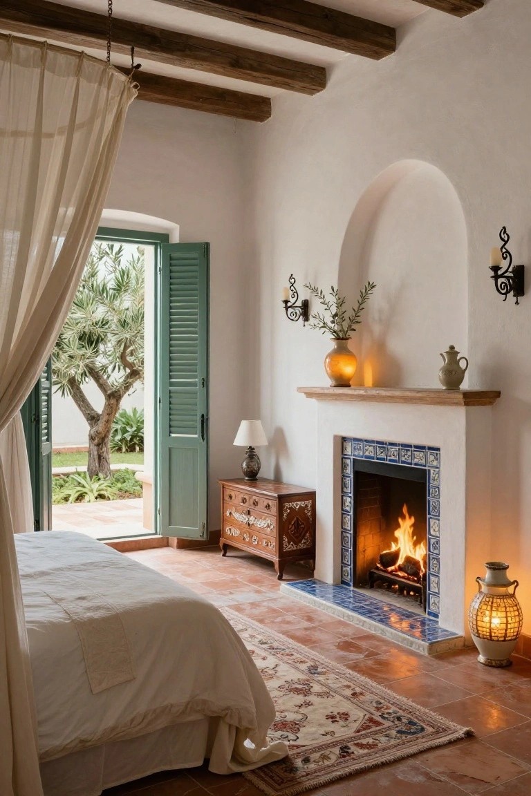 White stucco bedroom with wooden beam ceiling, large white draped bed on terracotta floor, antique wooden dresser, arched fireplace with blue tiled surround and burning logs, open green louvered doors to garden olive tree and plants, assorted lamps and vases.