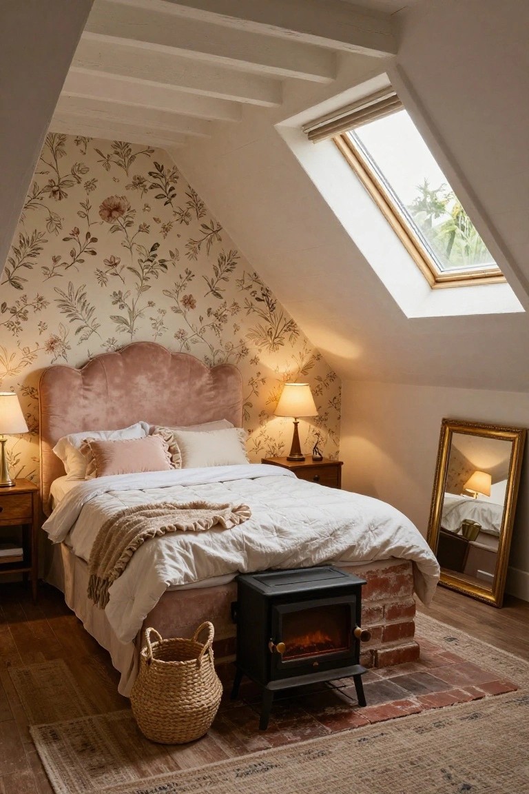 Attic bedroom with sloped ceilings wallpapered in cream floral pattern, blush pink upholstered headboard on bed with white duvet and pillows, wooden nightstands with lamps, small black freestanding stove on brick hearth next to bed, gold-framed mirror, and woven basket on wood floor.