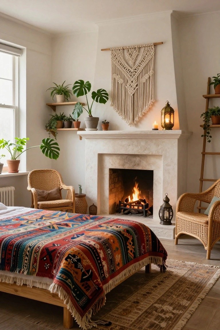 Cozy bedroom corner with lit stone fireplace, macrame wall hanging above mantel, potted plants on shelves and windowsill, rattan chairs, colorful patterned bedspread, and woven rug on wood floor.