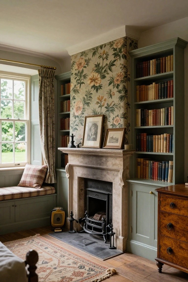 Cozy bedroom corner with a stone fireplace flanked by green built-in bookshelves, floral wallpaper on the walls, a cushioned window seat under a large window, wooden furniture, and a bed in the foreground.