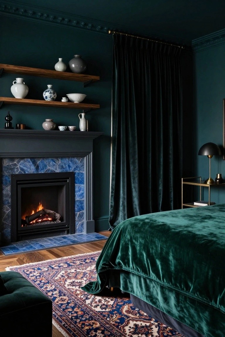 Bedroom with dark green walls and ceiling, wooden shelves holding white and ceramic pottery, blue tiled fireplace with lit logs, green velvet bed draped over the edge, Persian rug on wood floor, green velvet curtains, and a green ottoman.