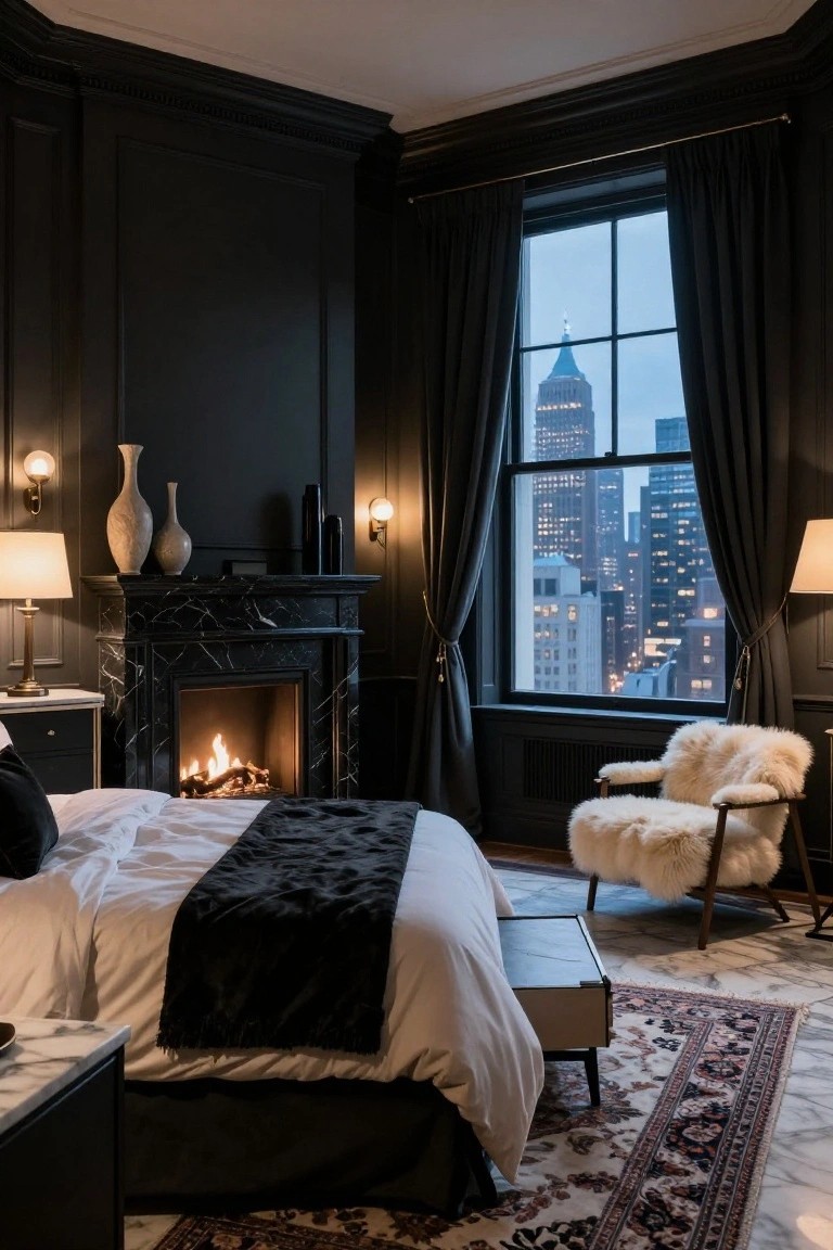 Dark-paneled bedroom corner with lit black marble fireplace, tall curtained window showing city skyline at dusk, white sheepskin armchair, king bed with black throw, and side tables.
