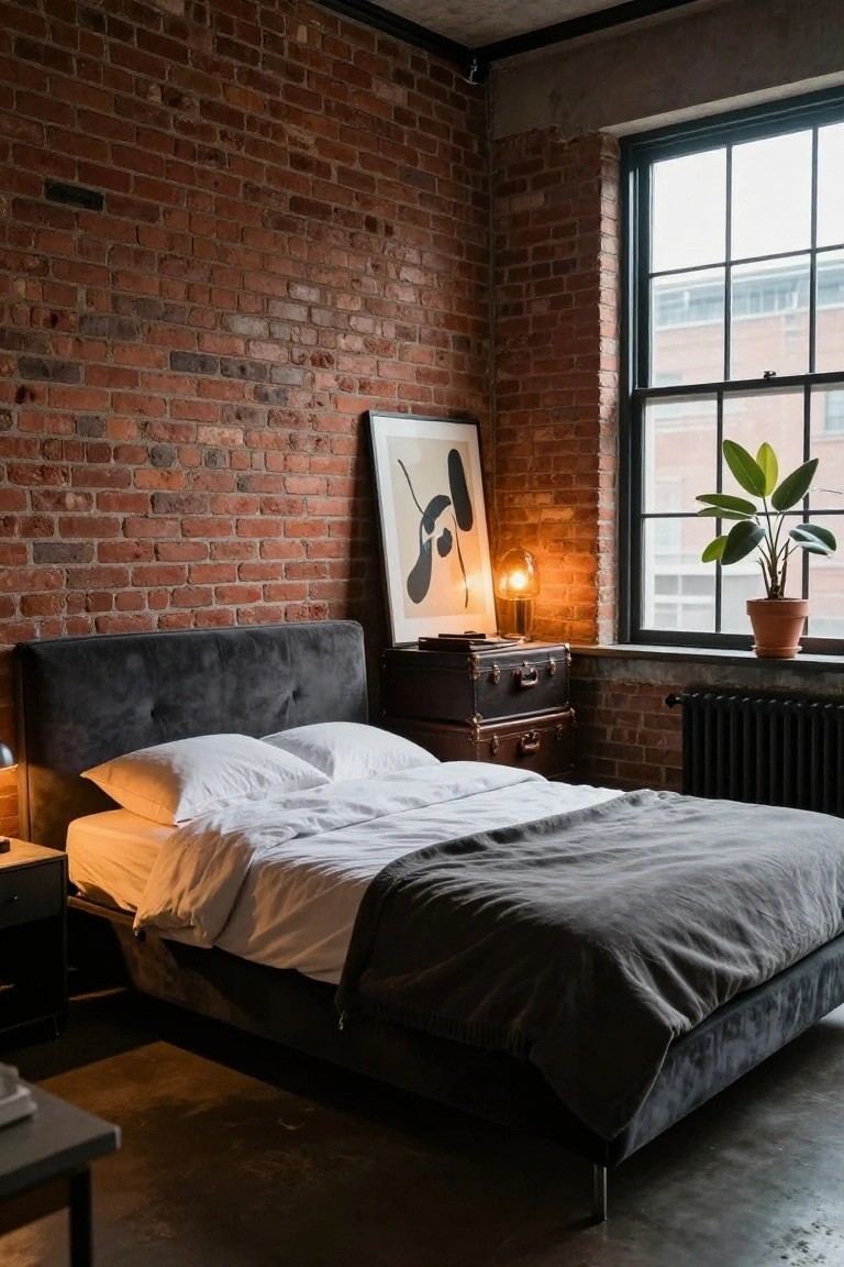 Corner view of a bedroom with red exposed brick walls, gray velvet upholstered platform bed with rumpled white sheets and gray blanket, two nightstands with lamps, vintage suitcase on wood dresser, potted plant by black-framed window, abstract black and white artwork, and cast iron radiator.