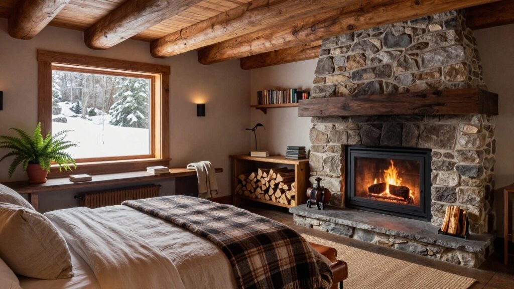 Cozy bedroom with exposed wooden beam ceiling, large stone fireplace burning a fire, wooden bed draped in white linens and plaid blanket, potted plant, bookshelves, and window showing snowy forest outside.