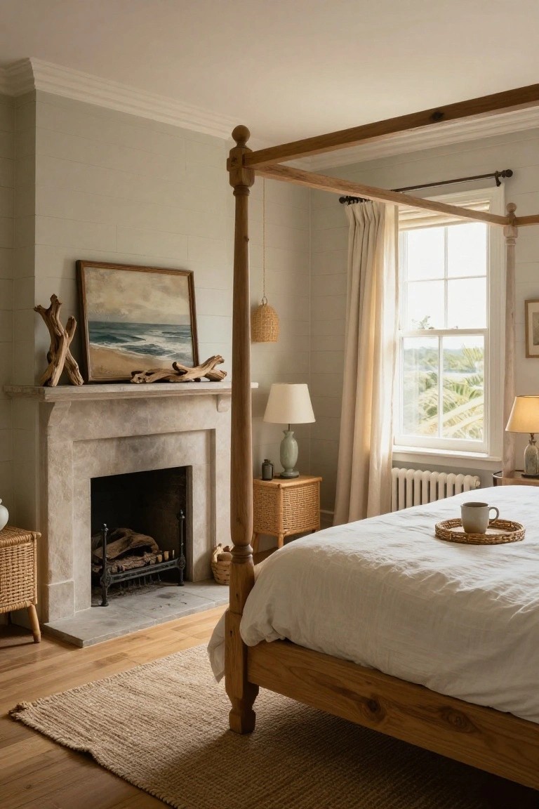 A bedroom with light gray walls, a wooden four-poster bed next to a lit stone fireplace, rattan side tables and baskets, driftwood and seascape art on the mantel, and a window with a green view.