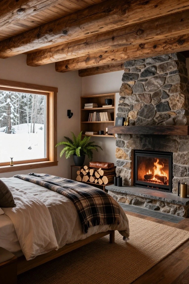 Cozy bedroom with exposed wooden beam ceiling, large stone fireplace burning a fire, wooden bed draped in white linens and plaid blanket, potted plant, bookshelves, and window showing snowy forest outside.