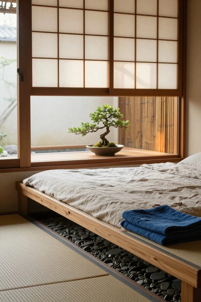 Japanese-style bedroom interior with tatami flooring, low wooden platform bed draped in beige linens and a folded blue blanket, shoji screen windows, bonsai tree on a wooden sill overlooking bamboo fencing, and dark pebbles filling a recess beneath the bed platform.