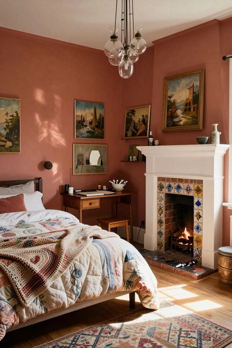 Bedroom interior featuring terracotta pink walls, a lit corner fireplace with colorful diamond-patterned tile surround, wooden bed with layered quilts and pillows, eclectic framed paintings, wooden desk, and woven rug on hardwood floor.