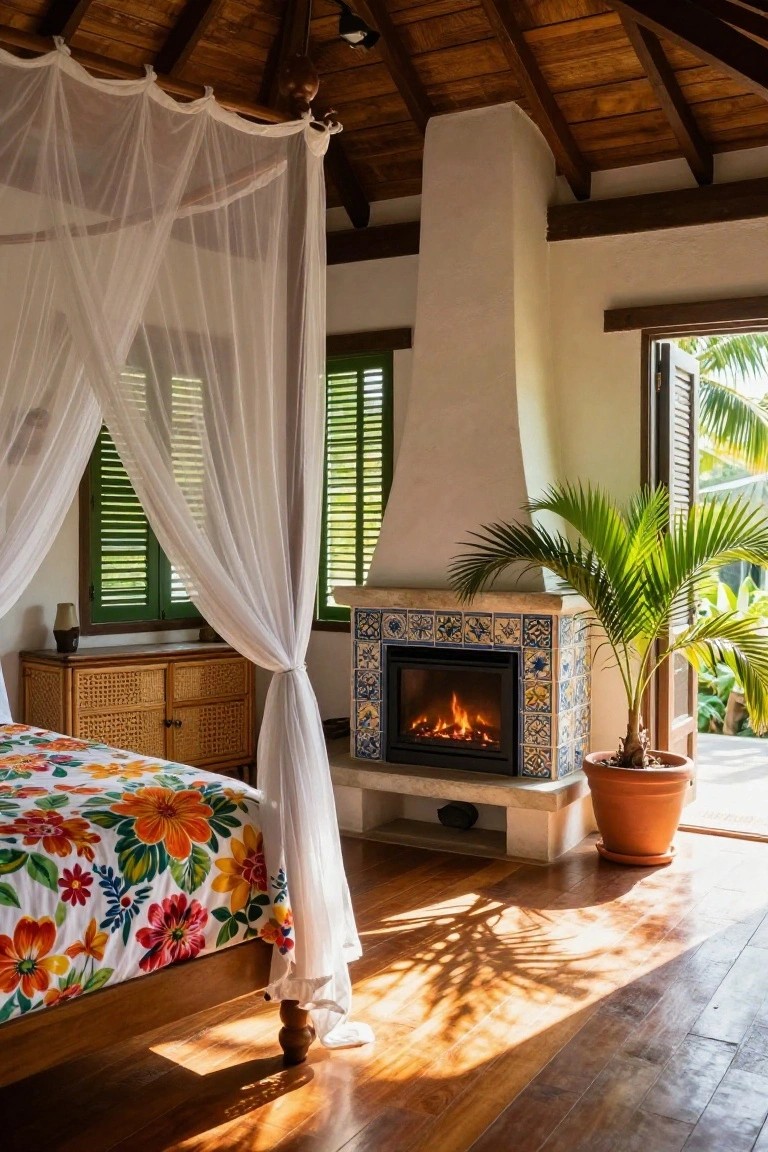 Bedroom with white canopy bed on floral sheets, blue-and-white tiled fireplace burning, rattan dresser, potted palm, green shutters, and open doors to palm trees and garden.