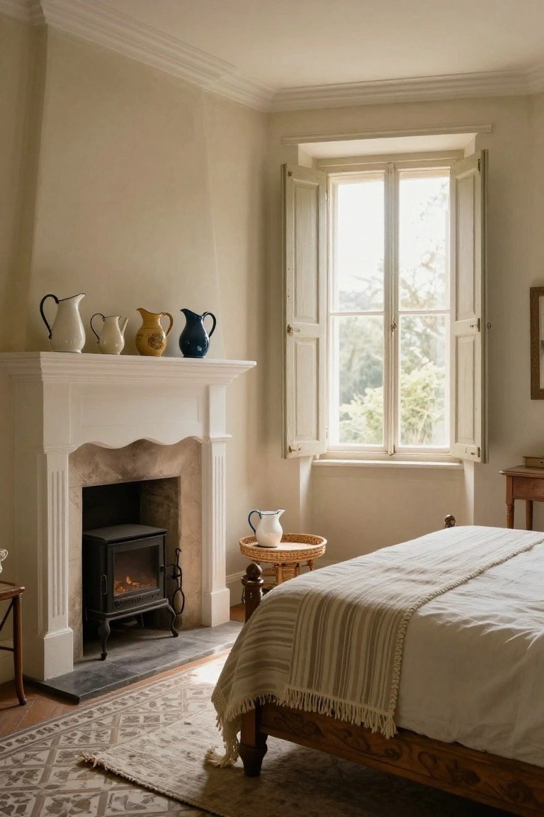 Cozy bedroom corner featuring a white ornate fireplace mantel with four assorted ceramic jugs, a wood-burning stove insert, nearby bed with white linens and striped throw, rattan side table, and open shutters on a tall window overlooking greenery.