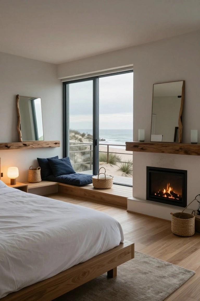 A bedroom featuring a low wooden window bench with navy cushions and baskets next to a fireplace, large sliding glass doors overlooking sand dunes and ocean, wooden bed frame, and driftwood shelves on white walls.