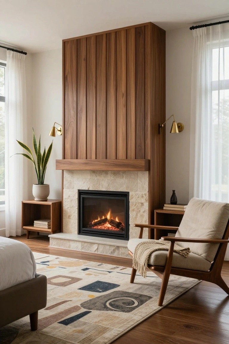 Bedroom with tall vertical walnut wood-paneled fireplace surround over limestone hearth, lit gas flames, cream armchair with throw blanket on geometric rug near bed, snake plant in pot, wood side tables, gold sconces, and sheer curtains on windows.