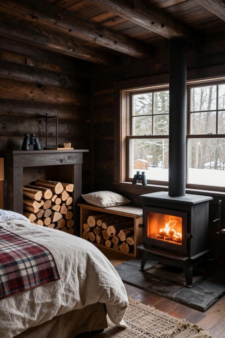 Log cabin bedroom interior with dark wood walls and ceiling, black freestanding wood stove with fire burning, firewood stacked in bench and hearth, bed with white linens and plaid throw, binoculars on shelf, and window showing snowy trees outside.