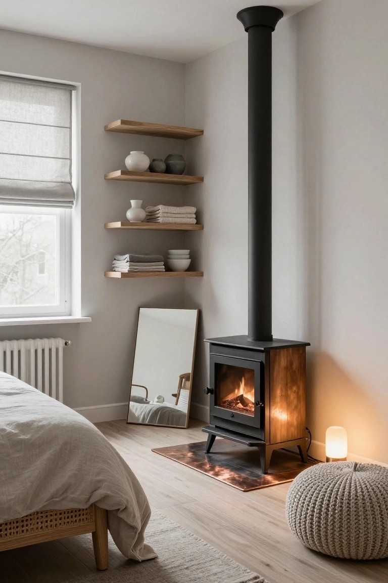 Bedroom corner with black freestanding wood-burning stove and tall chimney pipe, glowing fire inside, next to bed with white linens on rattan frame, wooden floating shelves with ceramics and folded towels, full-length mirror, radiator, window with sheer roller blind, knit pouf, and light wood floors.