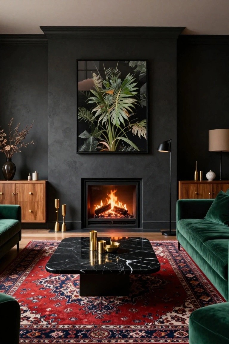 Living room featuring dark textured walls, a framed green plant artwork, green velvet sofas, black marble rectangular coffee table with gold accessories on a red patterned rug, wood sideboards, brass candlesticks, and a lit fireplace.