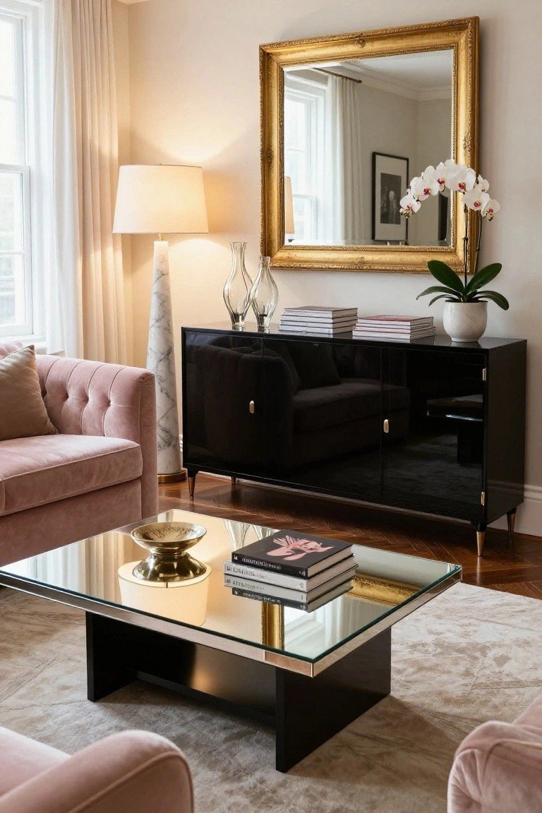Living room with blush pink velvet sofa, black lacquer credenza with books and white vase, large gold-framed mirror, marble floor lamp, and low black glass coffee table with brass base holding stacked books and gold bowl on cream rug.