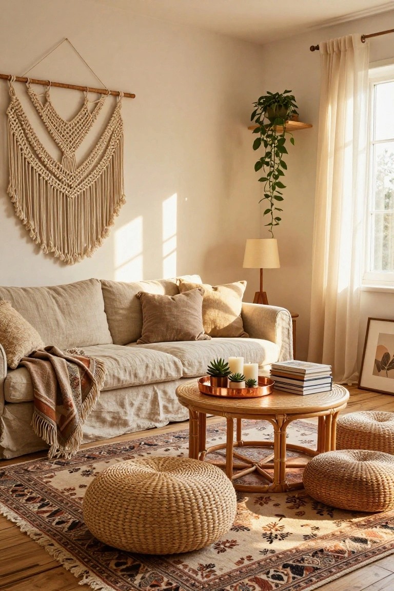 Beige living room with linen sofa draped in a throw, round rattan coffee table holding succulents candles and stacked books, woven poufs nearby on a patterned rug, macrame wall hanging, potted trailing plant on shelf, lamp, and sheer curtained window.