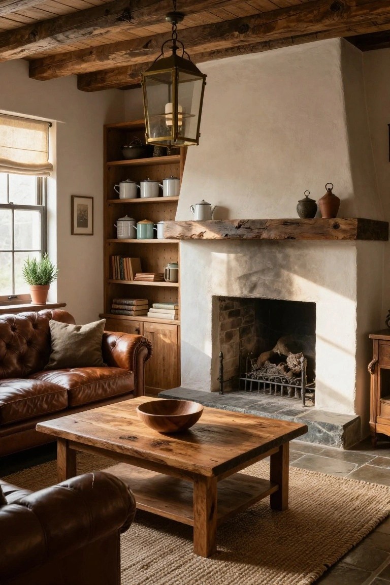 Cozy living room with exposed wooden beams, white adobe fireplace, brown leather sofa, low rustic wooden coffee table on jute rug, wooden shelves with pottery, and window with linen shade.