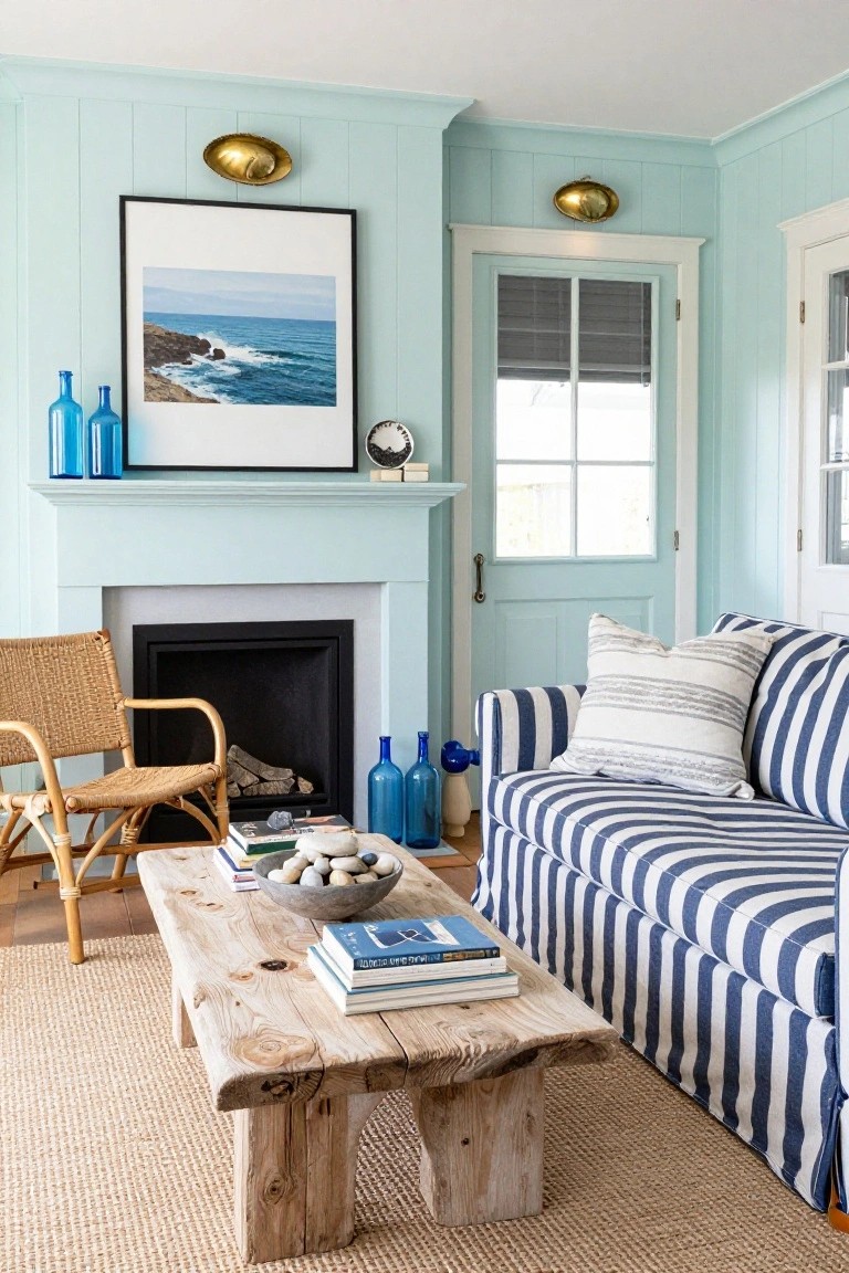 Light blue paneled living room with fireplace, rattan armchair, blue striped sofa, driftwood coffee table topped with books and stone bowl, blue glass bottles, and ocean photo on wall.