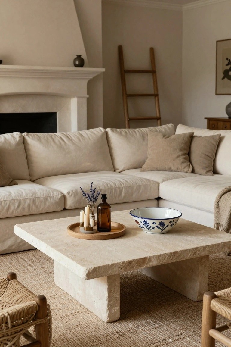 A beige living room with a low rectangular coffee table made of light beige stone, a large linen sofa, wooden stools, seagrass rug, ladder shelf, fireplace, and neutral decor including candles and a blue-rimmed bowl on the table.