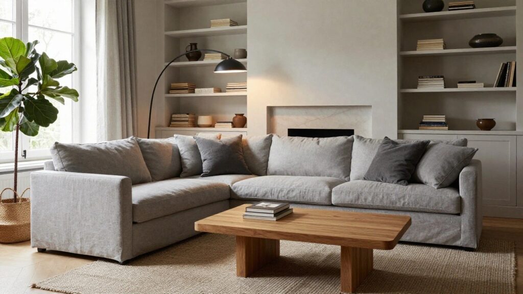 Light gray linen L-shaped sectional sofa in a bright living room with white walls, marble fireplace, wooden coffee table, bookshelves, potted plants, floor lamp, and sheer curtains over large windows.