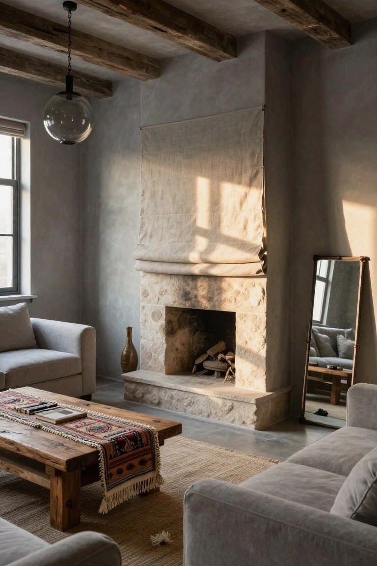 Living room with exposed wooden beams, large glass pendant light, beige linen curtain over stone fireplace with burning logs, grey linen sofas, wooden coffee table with red and beige runner, tall bronze vase, full-length mirror, and concrete floor.