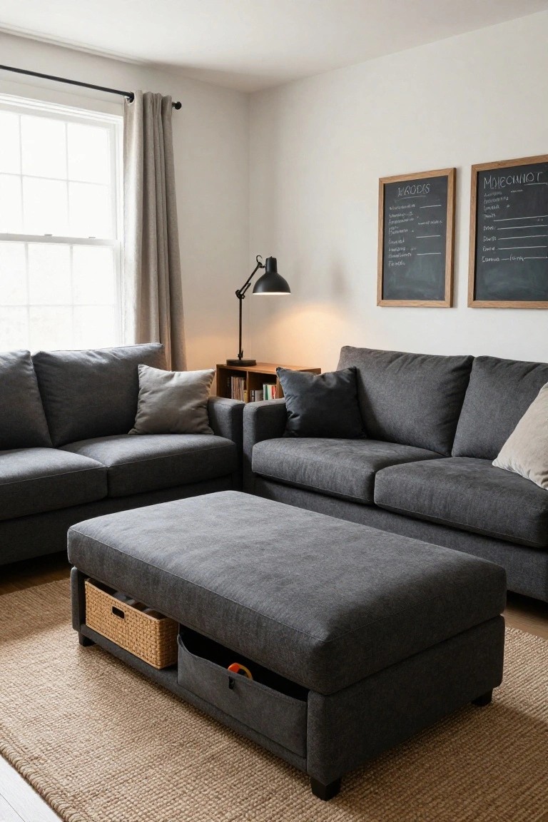 A corner of a living room with L-shaped grey fabric sofas, matching storage ottoman holding a wicker basket and fabric pocket, beige jute rug, black arched floor lamp, wooden bookshelf with books, and two framed chalkboards on white walls next to a window with beige curtains.