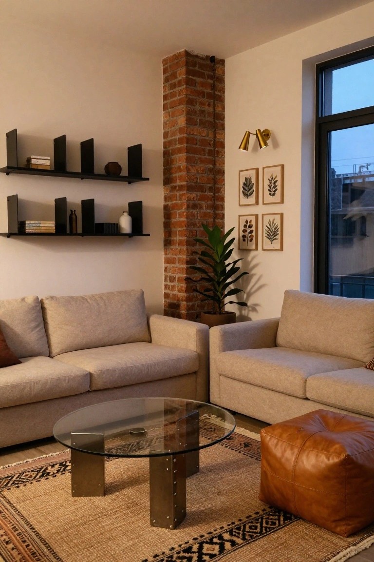 Living room with exposed red brick accent wall, black metal floating shelves with books and ceramics, two light beige L-shaped sofas, round glass coffee table on metal legs, brown leather ottoman, potted plant, botanical art, and large window.