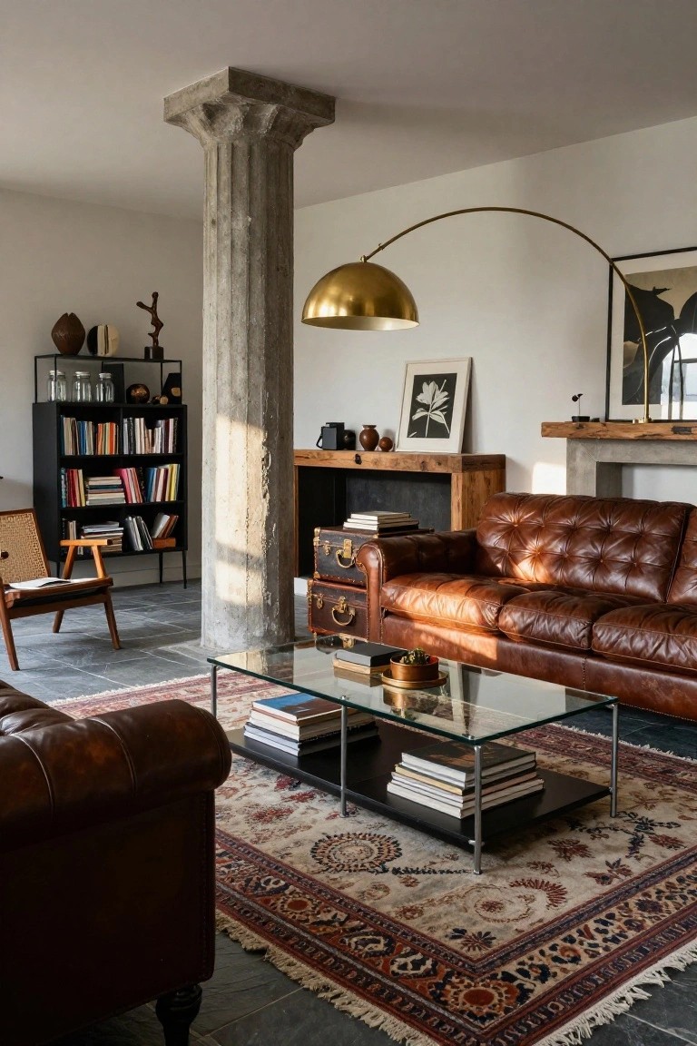 Exposed Concrete Pillar as Room Centerpiece