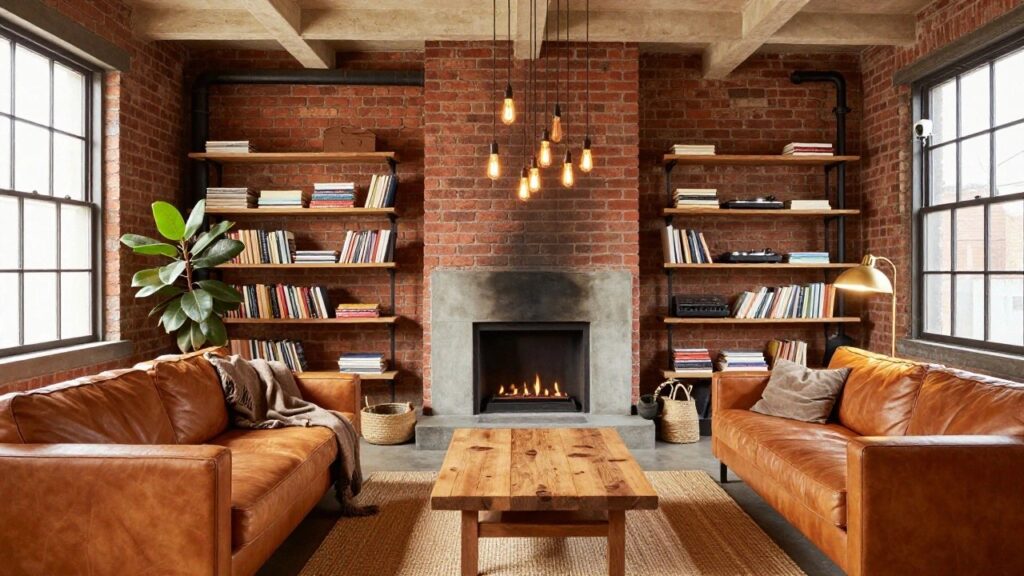 20 Cozy Industrial Living Room Ideas With a Warm Edge Industrial living room with exposed red brick walls, black metal pipe column, wooden ceiling beams, tan leather sofa on seagrass rug, low wooden coffee table, oak bookshelves with gas fireplace, potted fiddle leaf fig plant, and large metal-framed windows.