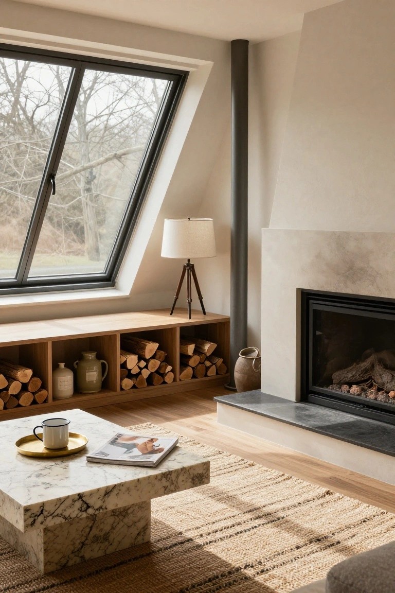Living room interior with slanted black-framed windows overlooking bare trees, wooden bench with firewood cubbies beside a stone fireplace, tripod lamp, marble coffee table holding a cup and magazine on a seagrass rug.