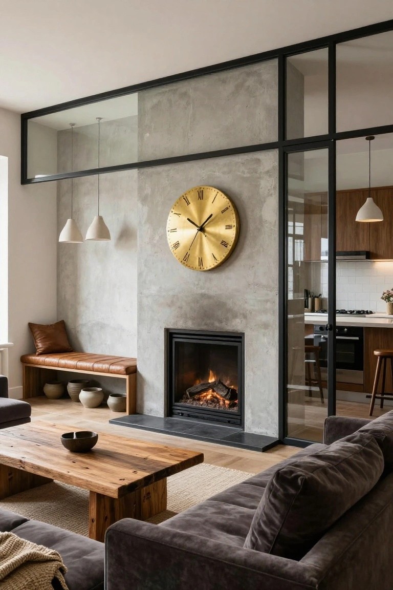 Living room interior with gray concrete accent wall holding a lit gas fireplace, large gold Roman numeral clock, brown leather bench on wooden base with ceramic pots, rustic wood coffee table, gray fabric sofa, and black metal-framed glass partition opening to a modern kitchen.