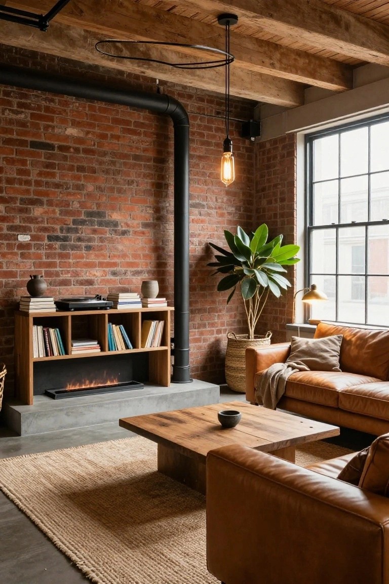 Industrial living room with exposed red brick walls, black metal pipe column, wooden ceiling beams, tan leather sofa on seagrass rug, low wooden coffee table, oak bookshelves with gas fireplace, potted fiddle leaf fig plant, and large metal-framed windows.