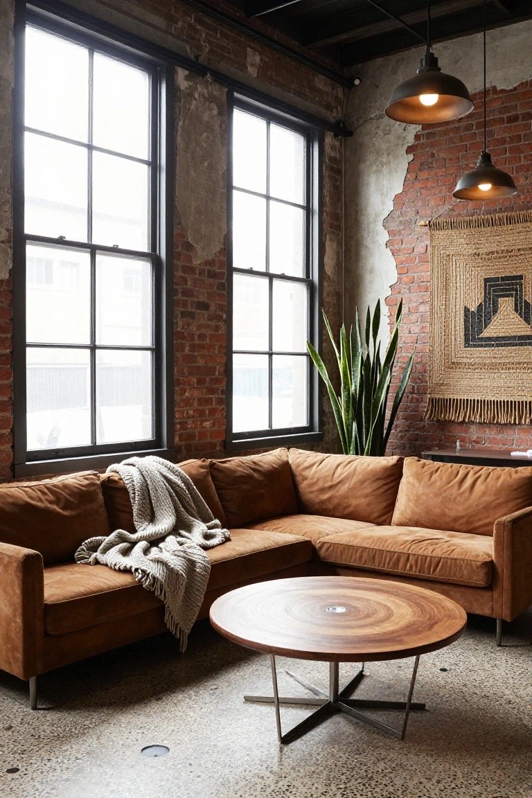 Industrial living room featuring exposed brick walls, large factory-style windows, tan leather L-shaped sofa with gray knit throw, round wooden coffee table on polished concrete floor, potted snake plant, woven wall hanging, and black pendant lights.