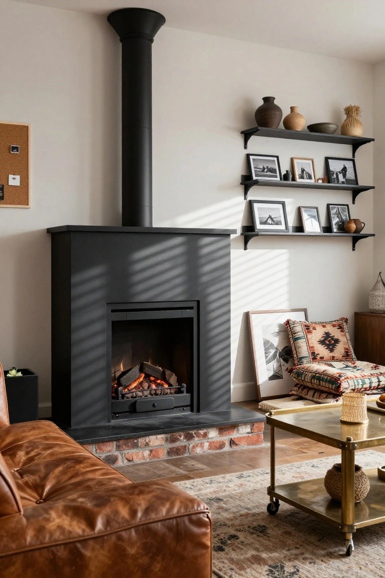 Living room with tall matte black chimney and rectangular black gas fireplace on brick hearth, tan leather sofa, brass wheeled coffee table, black floating shelves with pottery and frames, and slatted window blinds.