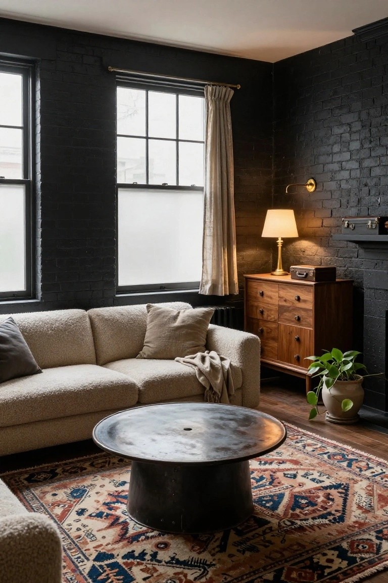 Living room with black exposed brick walls, cream bouclé sofa with pillows and throw, wooden dresser, potted plant, metal drum coffee table on a colorful Persian-style rug, brass lamp, and beige curtains on large windows.