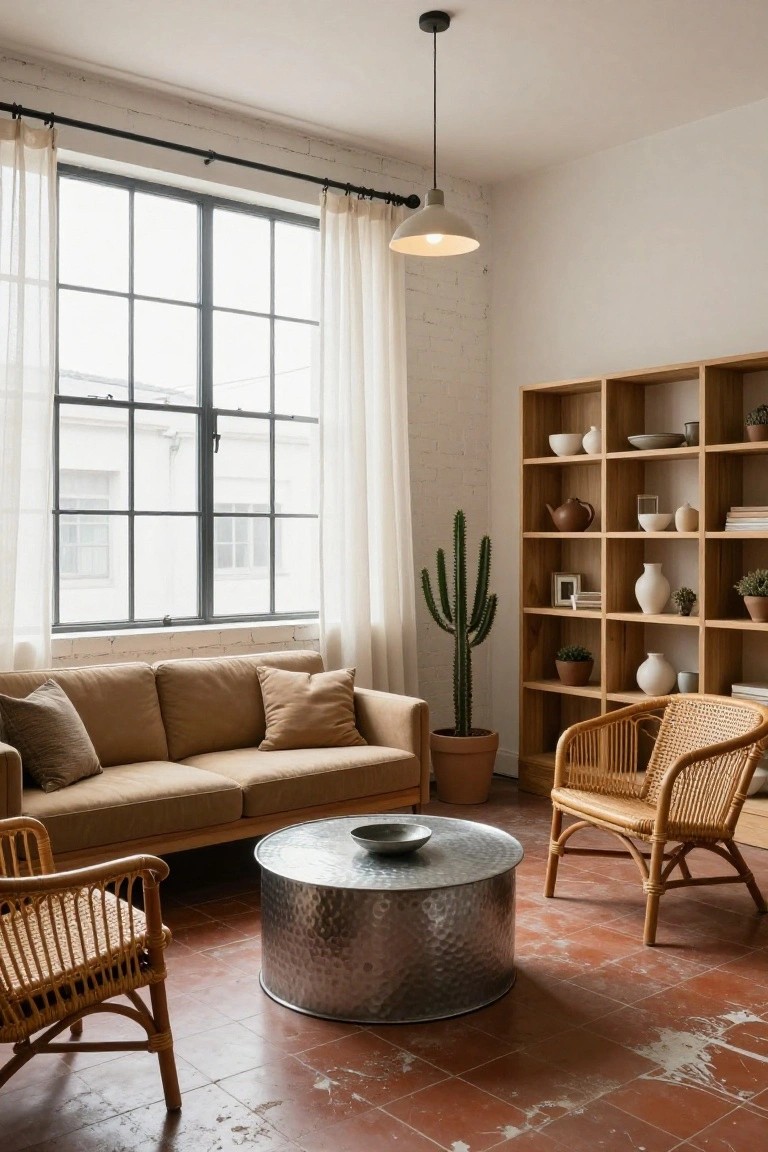 Industrial-style living room featuring a beige sofa, two rattan armchairs, hammered metal drum coffee table, tall potted cactus, wooden shelving unit with ceramics and plants, sheer curtains on black metal windows, white walls, exposed brick accents, and terracotta tile floor.