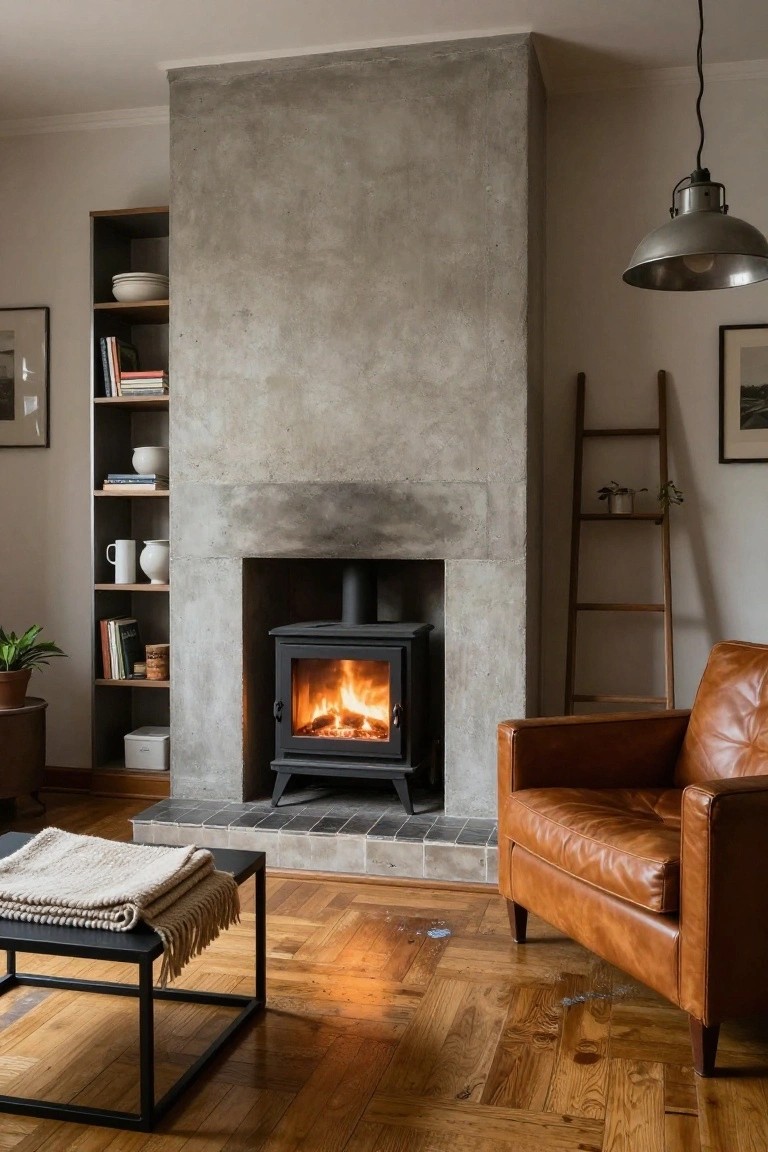 Living room with a tall raw concrete wall surrounding a black wood-burning stove with flames visible, wooden bookshelves on one side holding dishes and books, a tan leather armchair nearby, low black metal coffee table with throw, ladder shelf, pendant light, and oak parquet flooring.